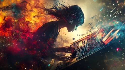 Woman at futuristic keyboard in swirling cosmic colors.