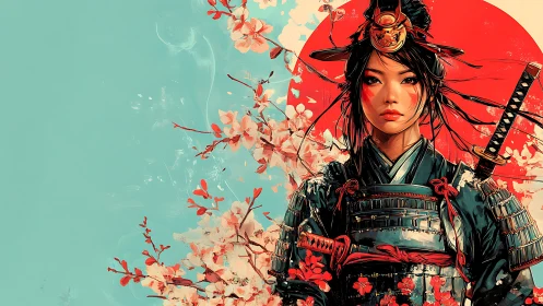 Samurai woman amid blossoms and rising sun backdrop.
