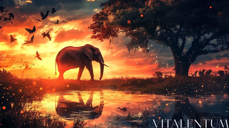 Ember-sky elephant wandering by a spellbound watering hole.
