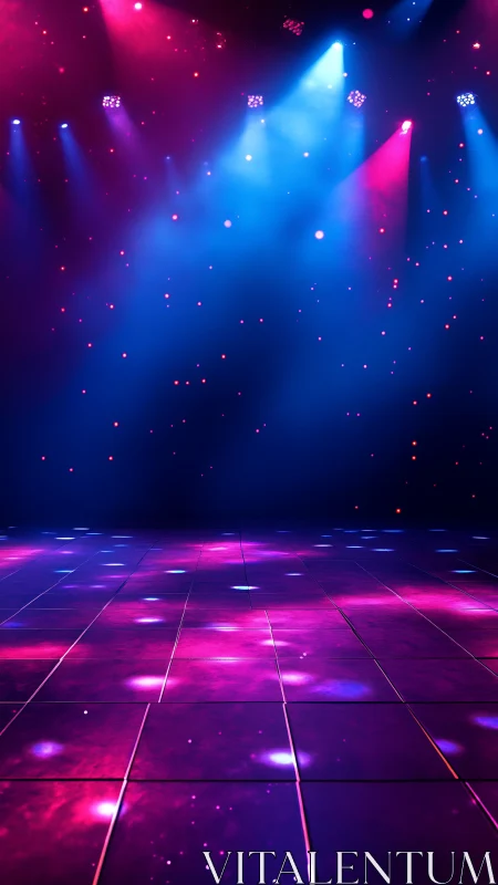 Empty tiled stage under blue and magenta spotlights at night.