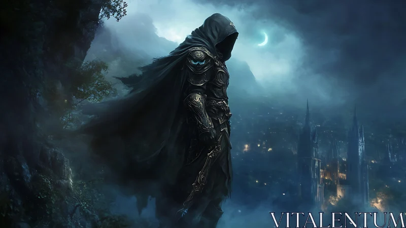 Mysterious hooded guardian watching a moonlit fantasy city.