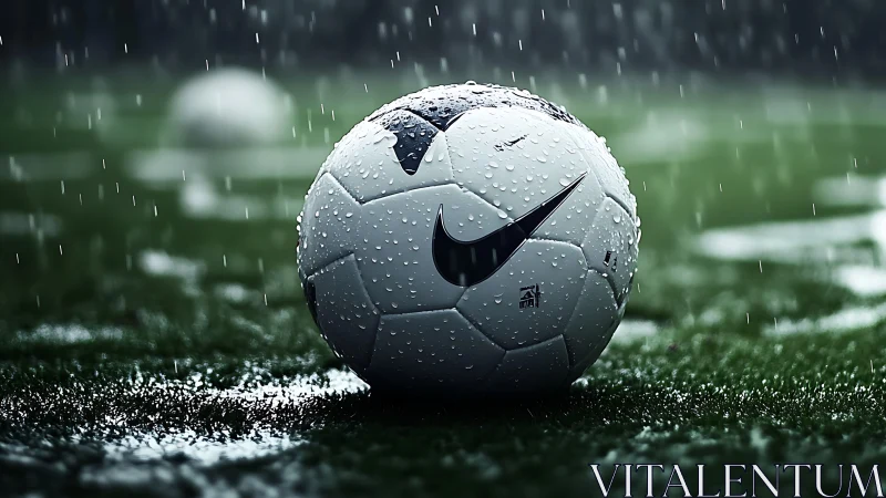 Soaked soccer ball rests on wet turf under driving rain