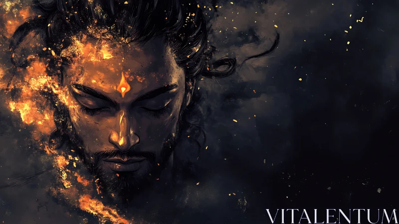 Meditative male face with glowing ember and cosmic smoke.