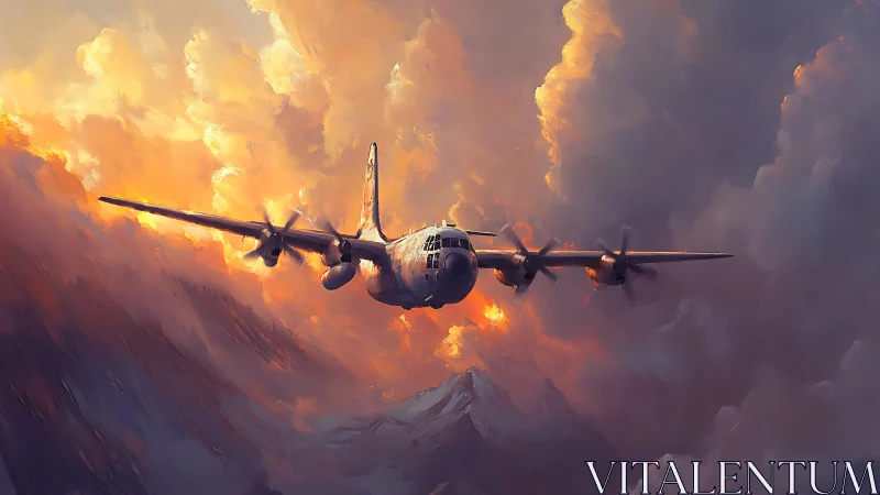 Stormlit cargo aircraft over alpine ridge, digital painting.