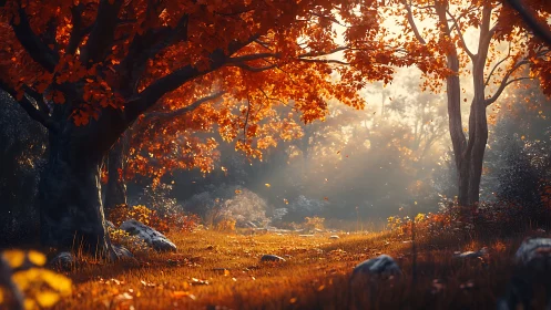 Autumnal Gateway: Gilded Canopy Whispers Through Ember Mist.