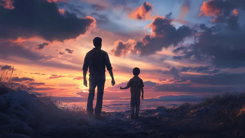 Silhouetted man and child walking toward calm ocean sunset.