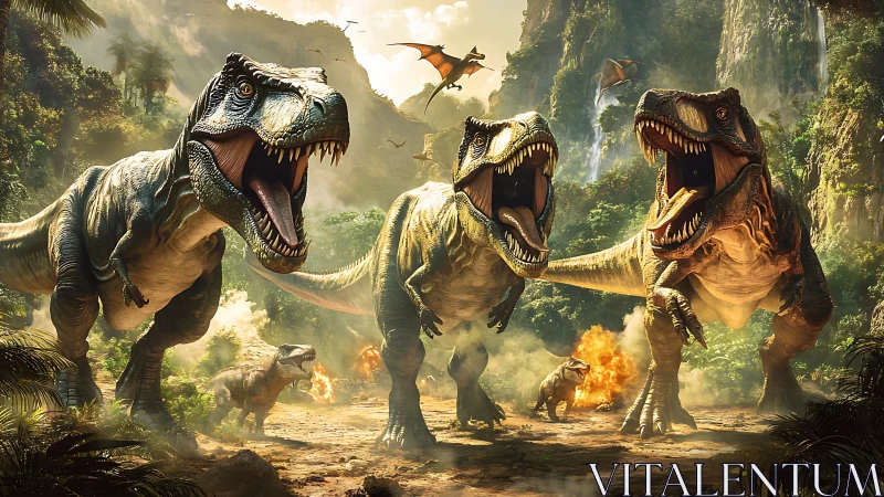Roaring tyrannosaurs charge through fiery primeval jungle.