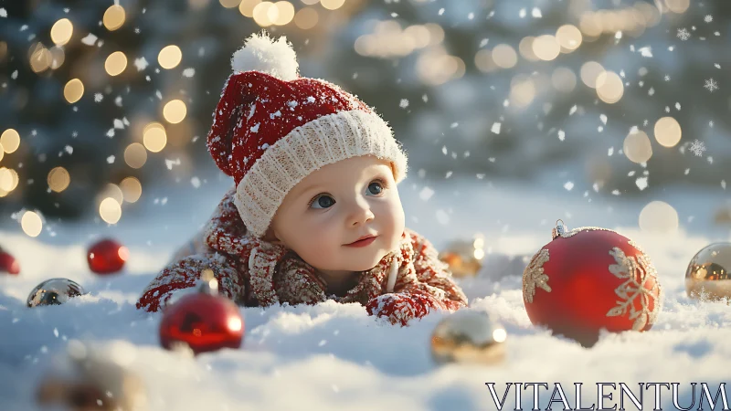 Joyful baby in snow gazes at Christmas lights and ornaments
