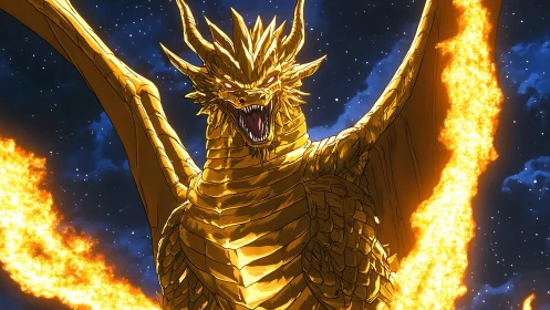 Golden winged dragon erupting fire over starry night sky.