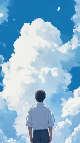 Male figure viewed from behind under expansive clouds.