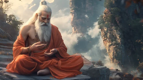 Elderly robed figure seated on cliff in mountainous valley.