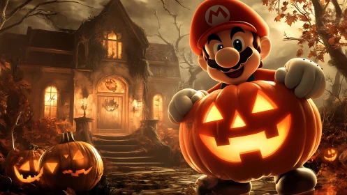 Mario holds a glowing jack o lantern before a haunted house