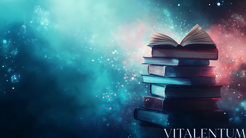 Stack of glowing books rises in dreamy cosmic nebula