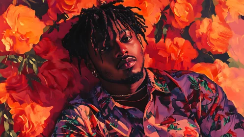 Male portrait integrates floral patterning with saturated painterly bokeh