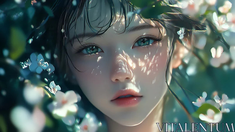 Digital portrait depicts a stylized female face framed by flowers