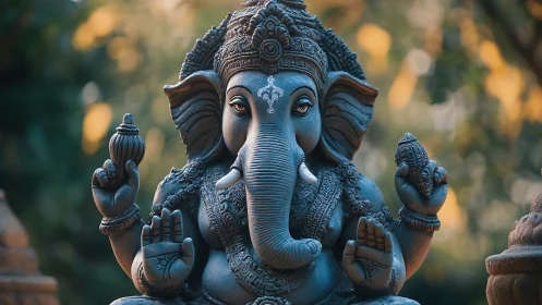 Serene Ganesha statue sits in soft bokeh forest light.