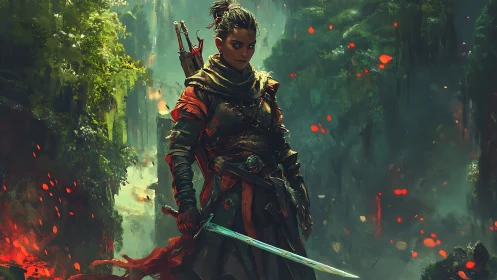 Armored ranger with sword in dense, glowing forest ravine.