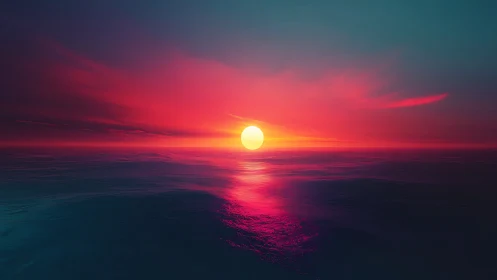 Neon horizon sun melting over electric rosewater sea.
