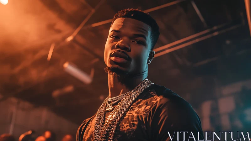 Low angle portrait of jewelled subject under cinematic neon rim