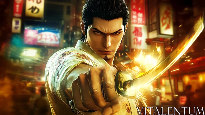 Sword-wielding character in neon-lit urban street at night.