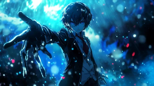 Intense blue anime boy reaches forward in glowing rain.