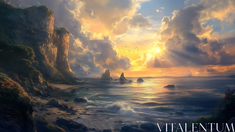 Sunlit cliffs trade secrets with a storm-kissed, glowing sea