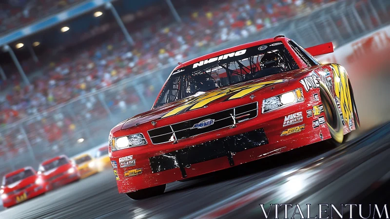 Red stock race car leading pack on high speed track.