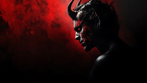 Profile view of horned male figure against red textured field