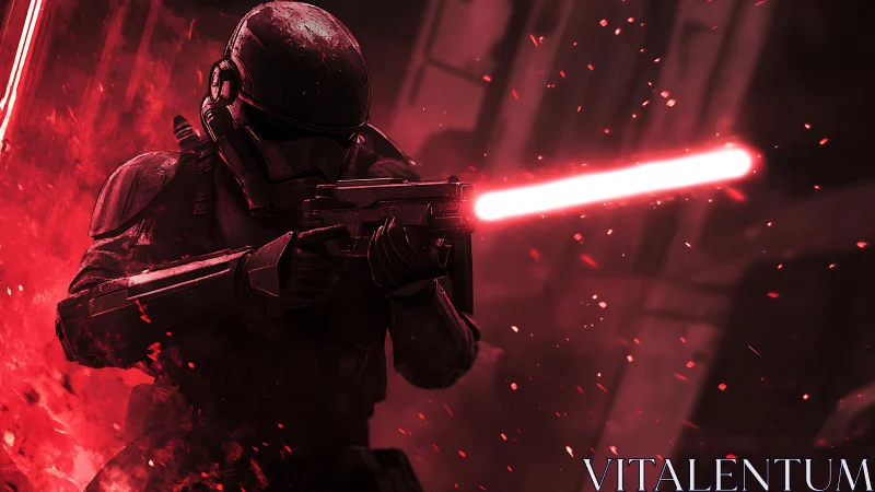 Armored sci fi soldier firing red energy rifle in combat.