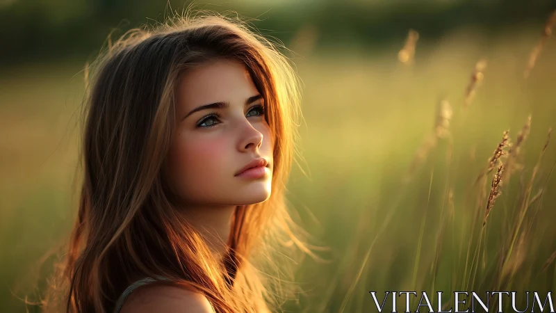 Soft backlit portrait in golden-hour meadow with shallow focus