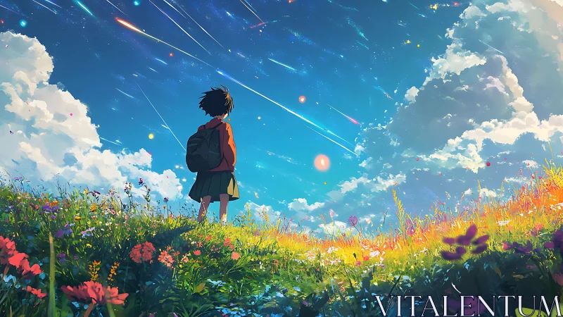 Backpack dreamer under wild meteor-kissed summer sky.