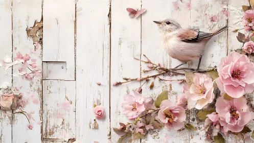 Songbird balances on spring blossoms against rustic wood