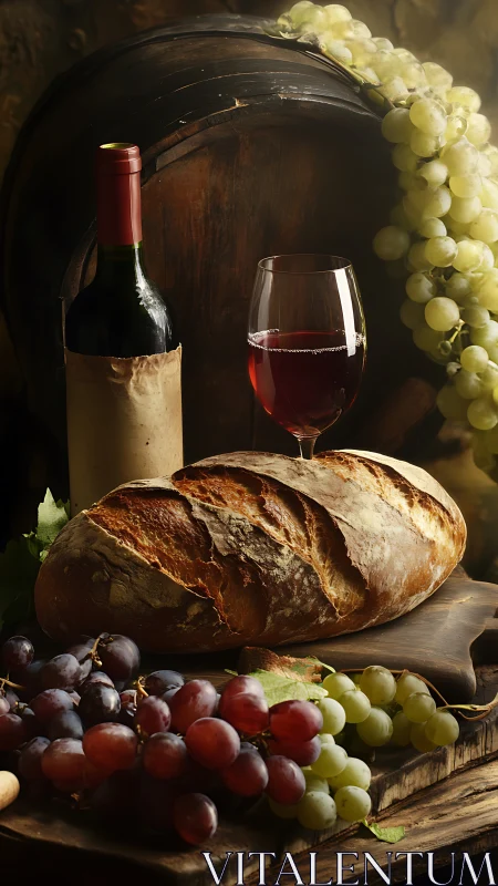 Rustic wine and bread scene with fresh grapes and wooden barrel