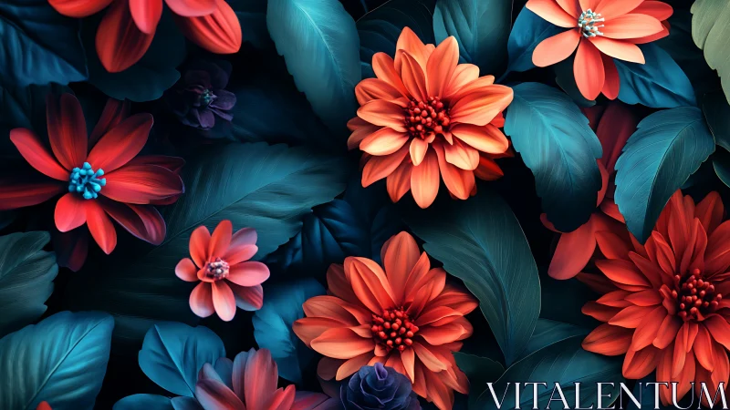 Red and Teal Floral Composition with Dimensional Depth.