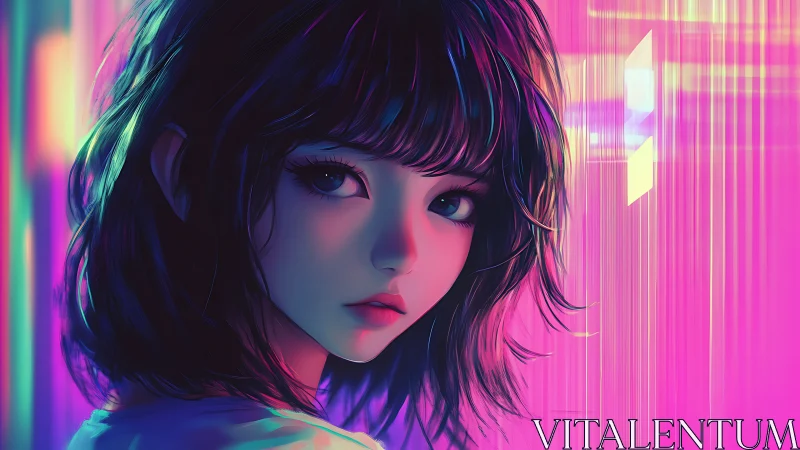 Digital portrait of girl in neon gradient cyber setting.