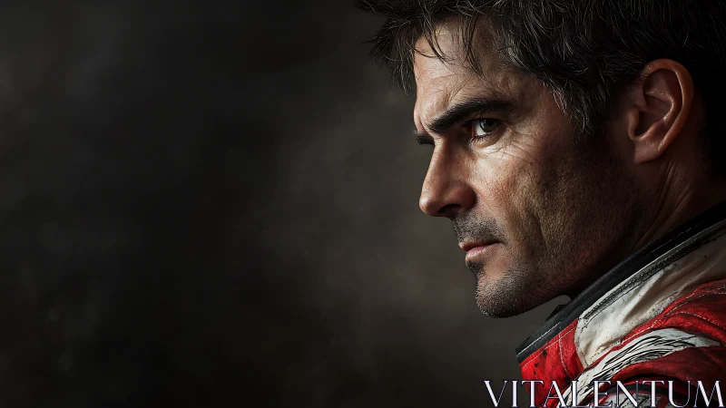 Focused race driver stares into distance in dramatic profile