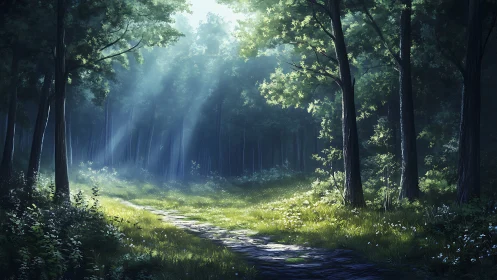 Forest Path Light. Ethereal woodland ray scene.