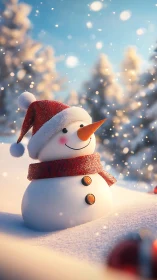 3D stylized snowman portrait in luminous winter landscape.