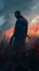 Solitary armed figure in wind-swept field under storm sky.