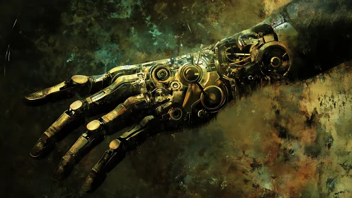 Mechanical cybernetic arm extends through decayed textures.