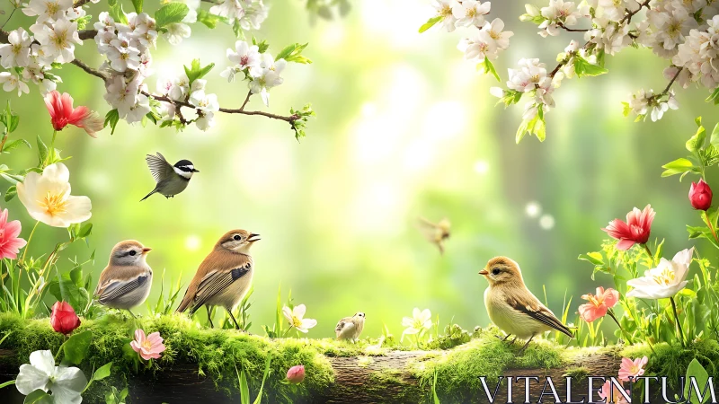 Springtime songbirds gossip across a mossy blossom bridge.