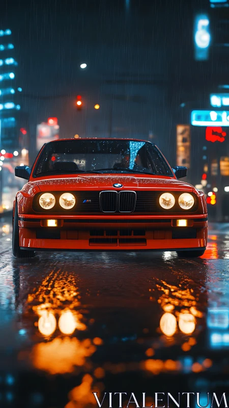 Neon-soaked red BMW M car under urban night rain.