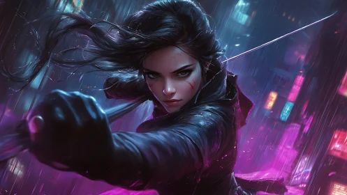 Neon lit warrior holds her blade steady in the storm