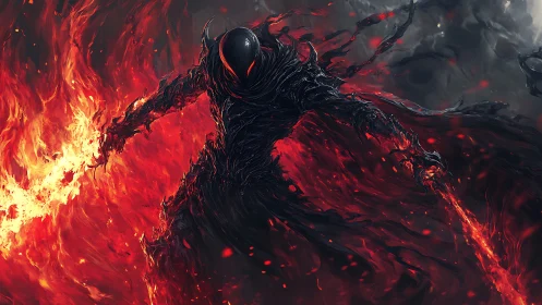 Infernal shadow warrior wielding molten flame blades.