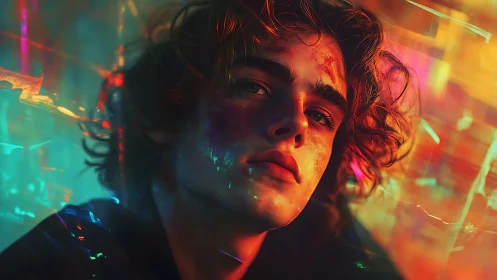 Neon-lit portrait isolates contemplative youth amid prismatic haze