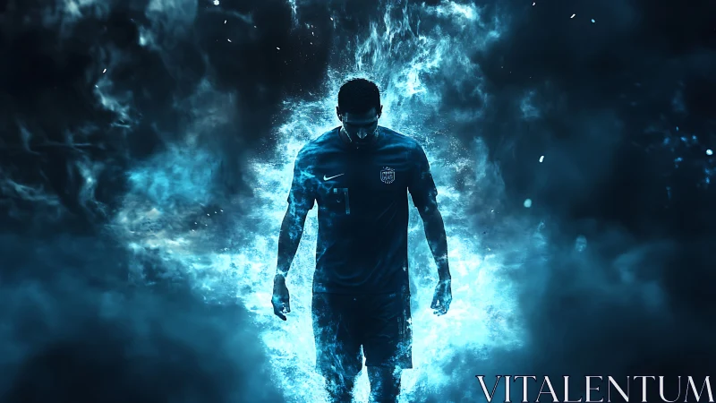 Shrouded footballer emerging through electric blue smoke.