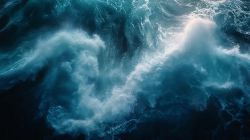 Powerful turquoise ocean waves crashing in deep water.