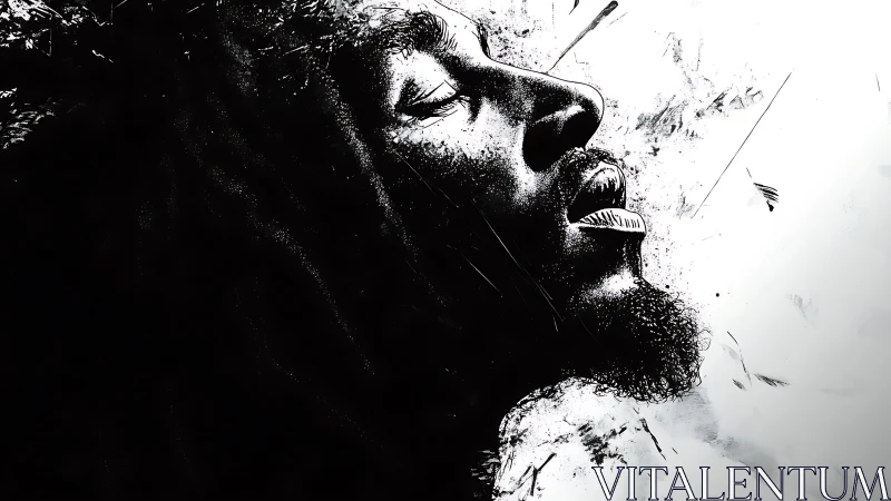 Monochrome profile portrait merges face with abstract void