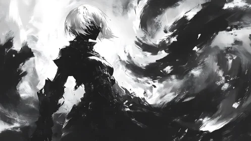 Monochrome android warrior in swirling abstract vortex field