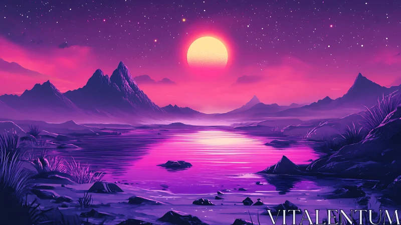 Neon pink sun sets over stylized mountains and lake